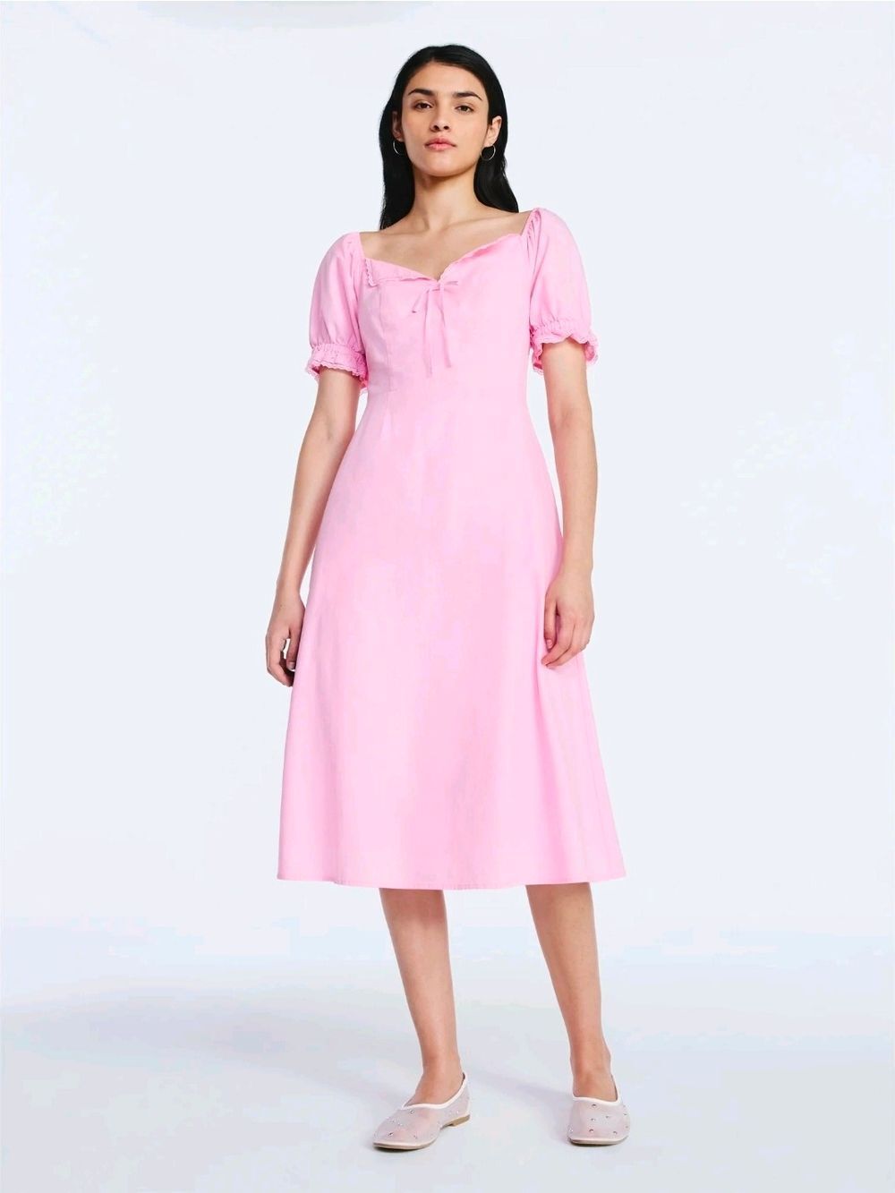 Women's Scoop Cotton Linen Pink Lace Collar Puff Sleeve Dress, NWT